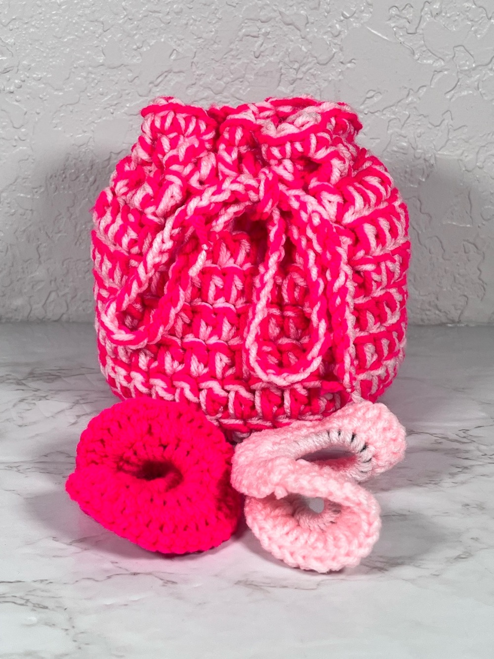 Pink Crochet Drawstring Bag with Matching Scrunchies